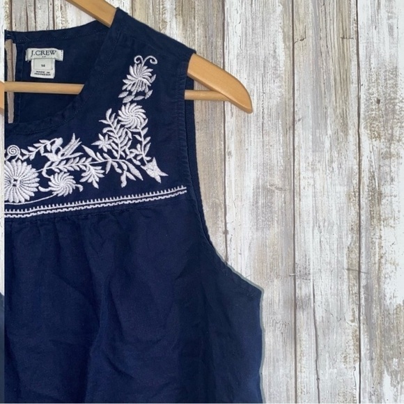 J. Crew Linen Blend Navy Embroidered Neck Sleeveless Blouse - Picture 4 of 5